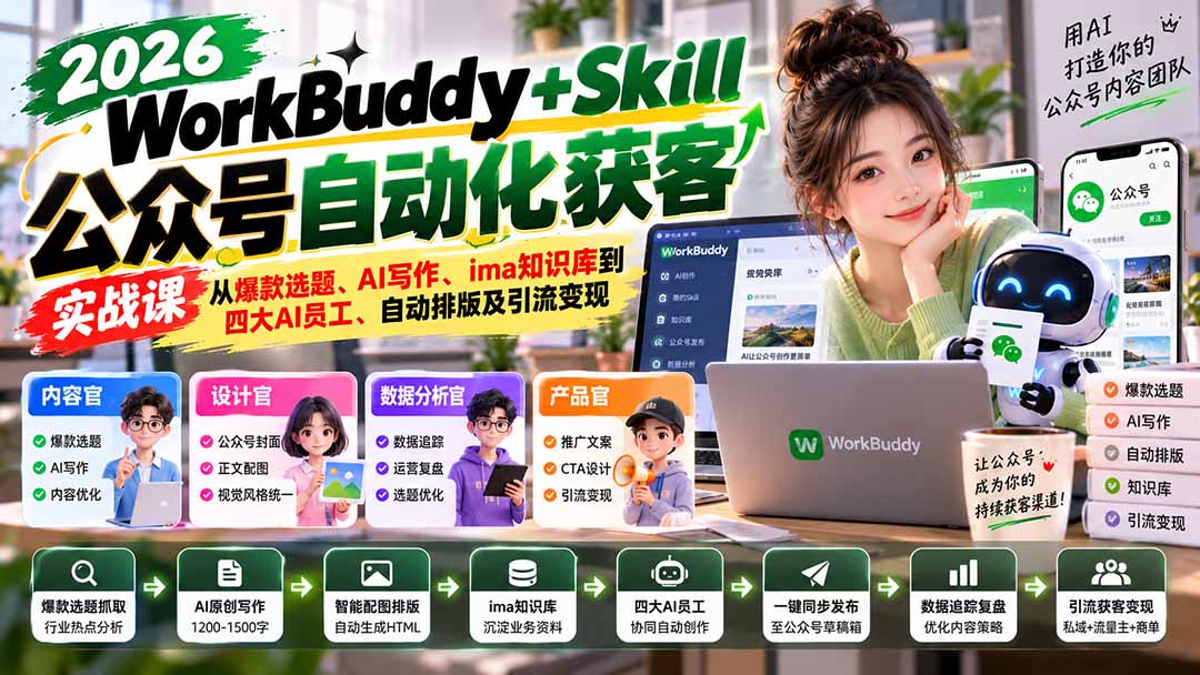 WorkBuddy + Skill公众号自动化获客实战课:从爆款选题、AI写作、ima知识库到四大AI员工、自动排版及引流变现-朽念云创