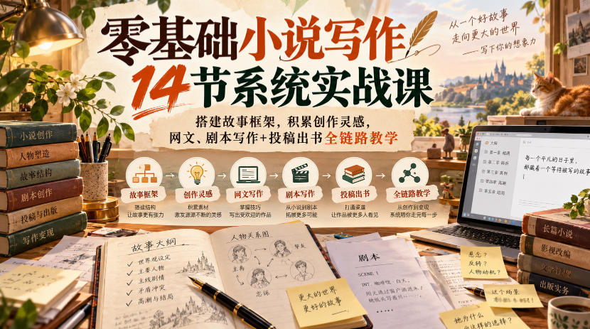 零基础小说写作14节系统实战课，搭建故事框架，积累创作灵感，网文、剧本写作+投稿出书全链路教学-朽念云创