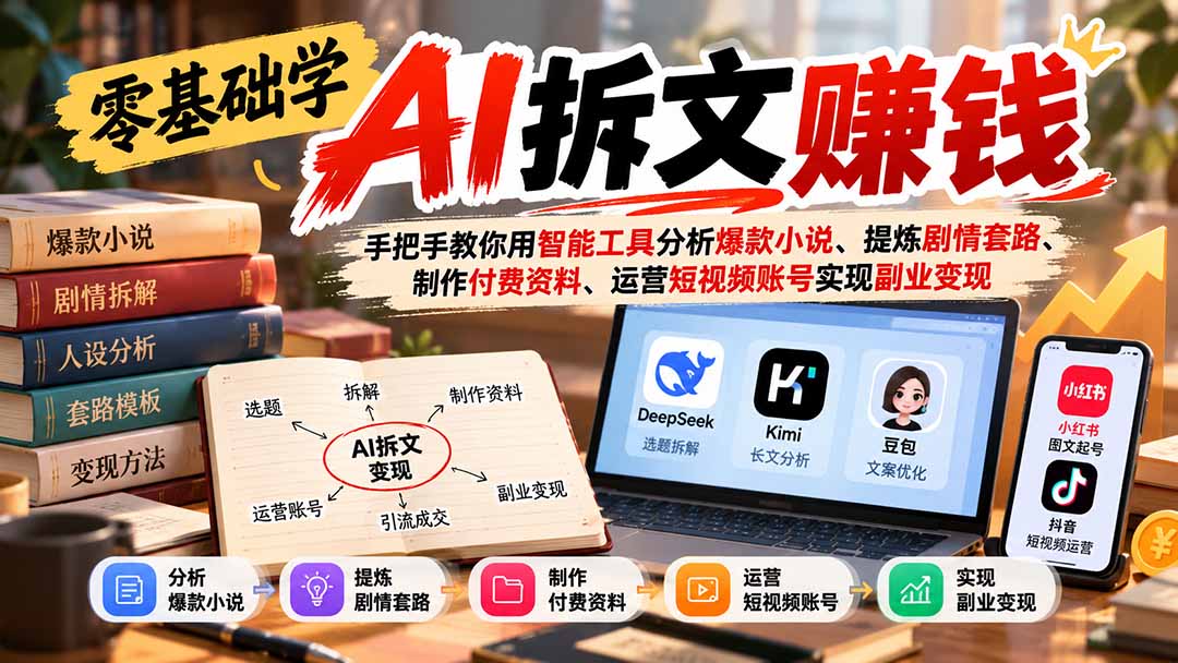 零基础学AI拆文赚钱：手把手教你用智能工具分析爆款小说、提炼剧情套路、制作付费资料、运营短视频账号实现副业变现-朽念云创