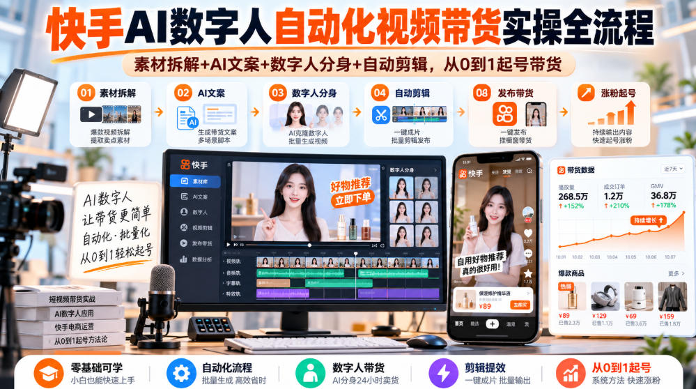 快手AI数字人自动化视频带货实操全流程|素材拆解+AI文案+数字人分身+自动剪辑,从0到1起号带货(更新26年)-朽念云创