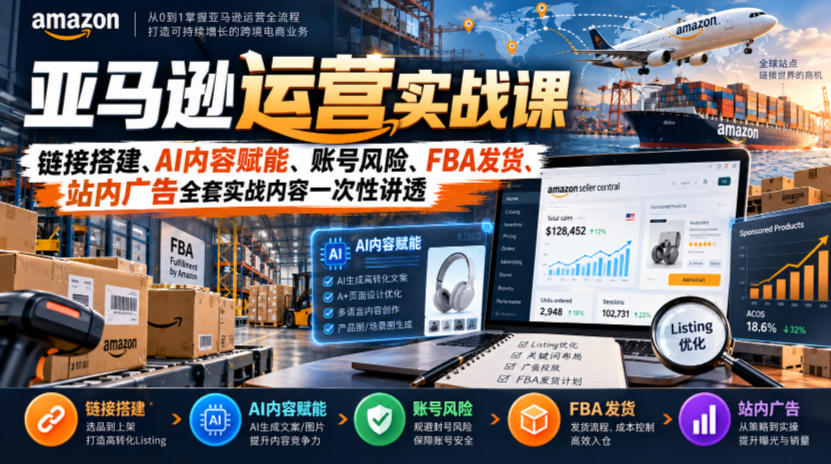 亚马逊运营实战课，链接搭建、AI内容赋能、账号风险、FBA发货、站内广告全套实战内容一次性讲透-朽念云创