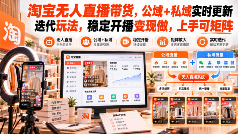 淘宝无人直播带货，公域+私域实时更新迭代玩法，稳定开播变现做，上手可矩阵【揭秘】-朽念云创