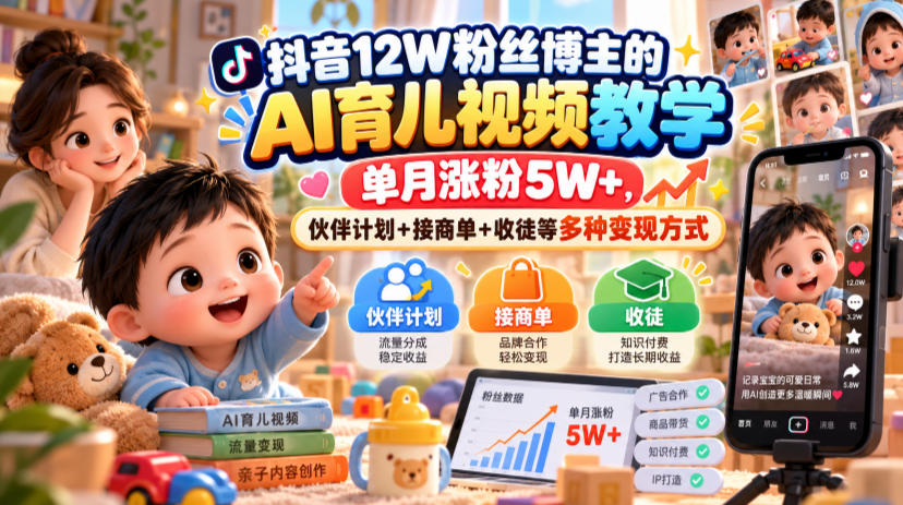 抖音12W粉丝博主的AI育儿视频教学，单月涨粉5W+，伙伴计划+接商单+收徒等多种变现方式-朽念云创