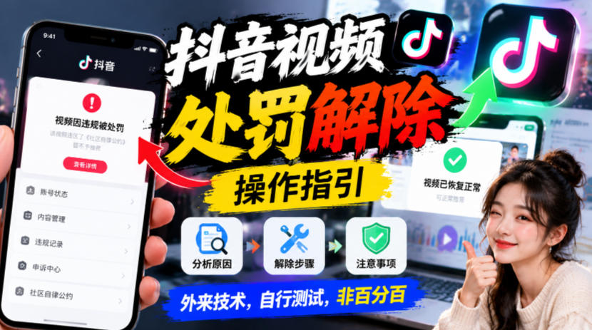 抖音视频处罚解除操作指引,外来技术,自行测试,非百分百