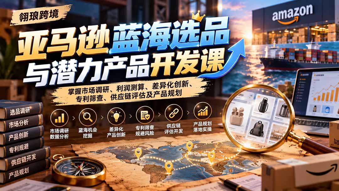 亚马逊蓝海选品与潜力产品开发课:掌握市场调研、利润测算、差异化创新、专利筛查、供应链评估及产品规划-朽念云创