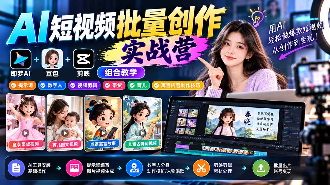 【无水印】AI短视频批量创作实战营:即梦+豆包+剪映组合教学,提示词/数字人/视频剪辑/带货/育儿/寓言内容制作技巧-朽念云创