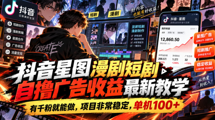 抖音星图漫剧短剧自撸广告收益最新教学，有千粉就能做，项目非常稳定，单机100+-朽念云创