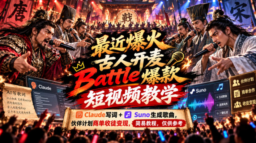 最近爆火古人开麦Battle爆款短视频教学,Claude写词+Suno生成歌曲,伙伴计划商单收徒变现,简易教程,仅供参考-朽念云创