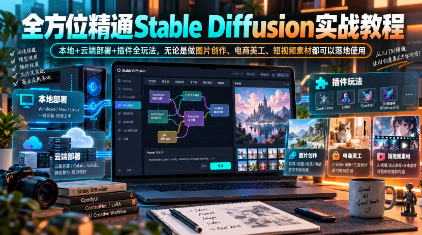 全方位精通Stable Diffusion实战教程|本地+云端部署+插件全玩法,无论是做图片创作、电商美工、短视频素材都可以落地使用-朽念云创