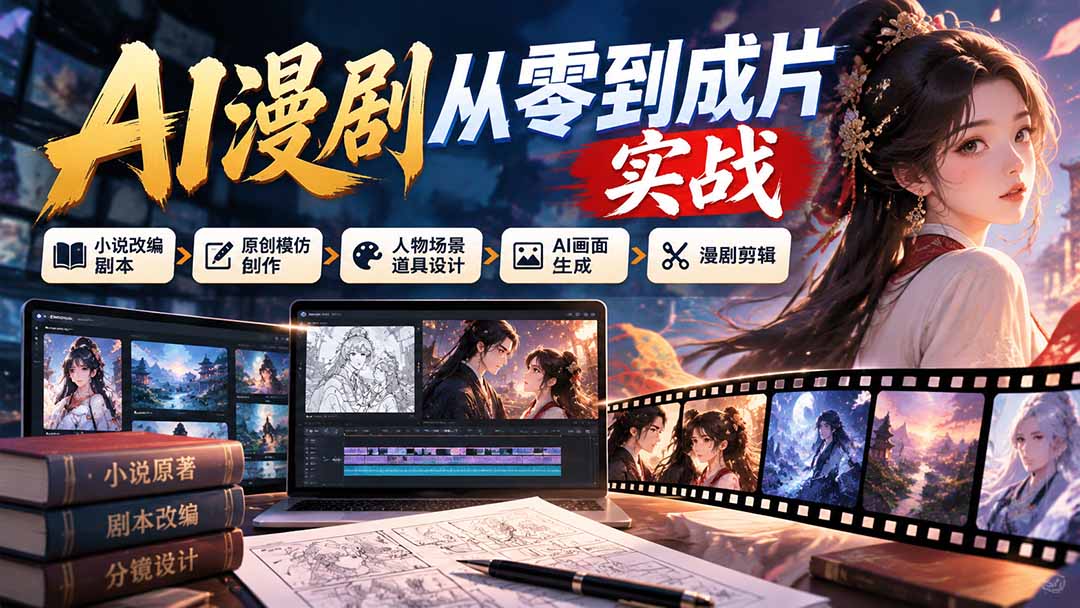AI漫剧从零到成片实战：小说改编剧本、原创模仿创作、人物场景道具设计、AI画面生成与漫剧剪辑-朽念云创