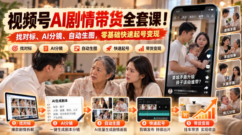 视频号AI剧情带货全套课！找对标、AI分镜、自动生图，零基础快速起号变现-朽念云创