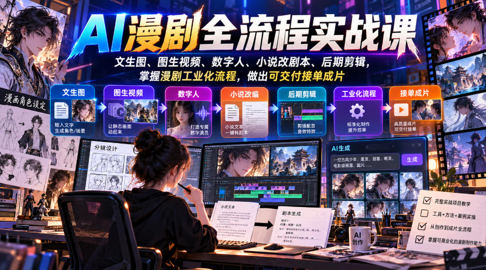 AI漫剧全流程实战课，文生图、图生视频、数字人、小说改剧本、后期剪辑，掌握漫剧工业化流程，做出可交付接单成片-朽念云创