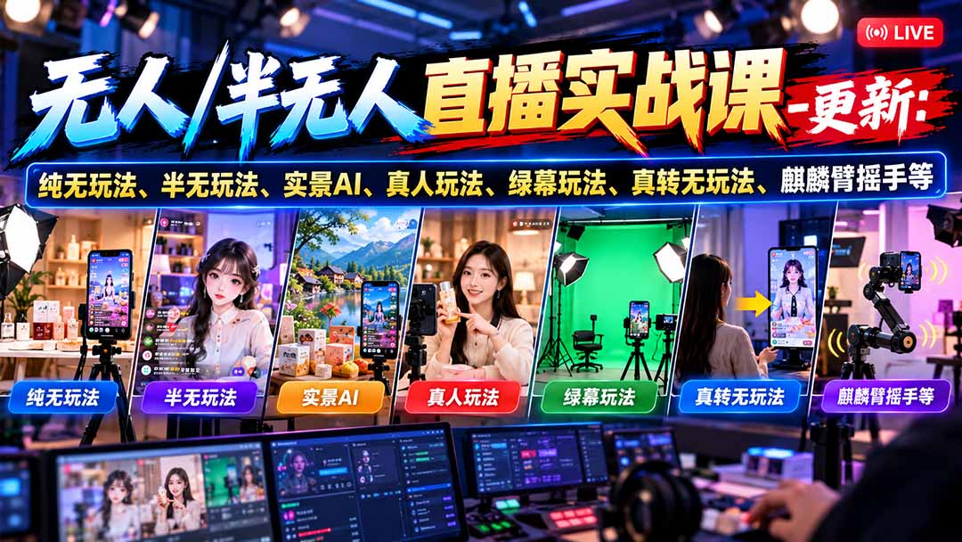 无人/半无人直播实战课-10月20更新：纯无玩法、半无玩法、实景AI、真人玩法、绿幕玩法、真转无玩法、麒麟臂摇手等-朽念云创
