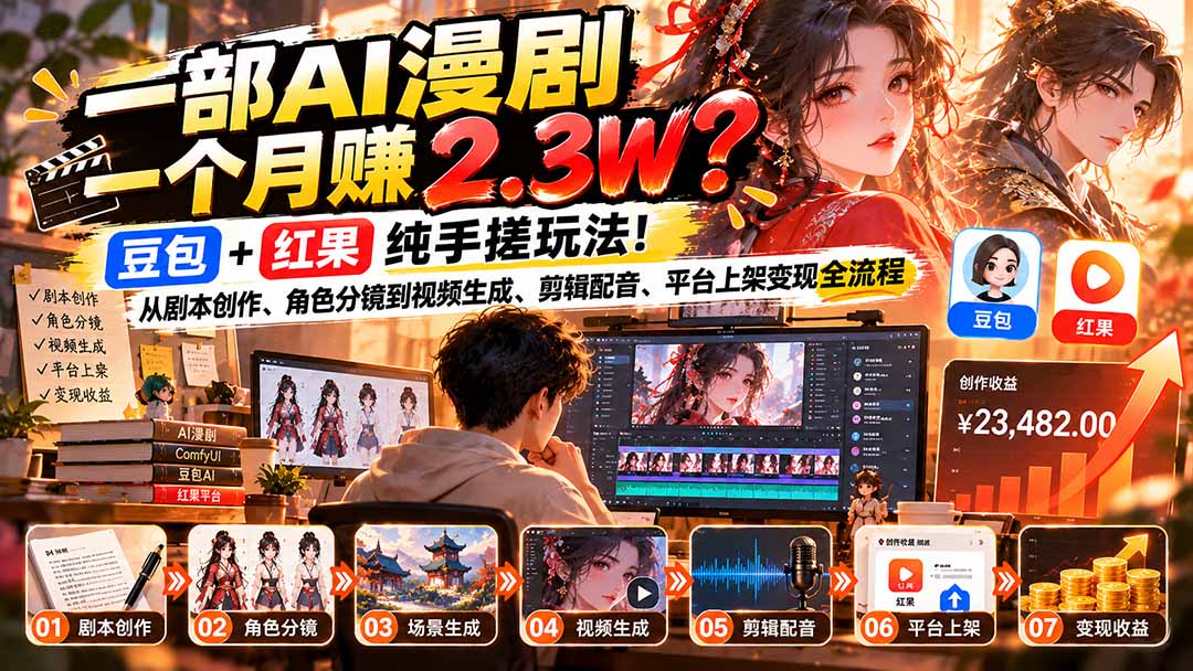 一部AI漫剧一个月赚2.3W？豆包+红果纯手搓玩法！从剧本创作、角色分镜到视频生成、剪辑配音、平台上架变现全流程-朽念云创