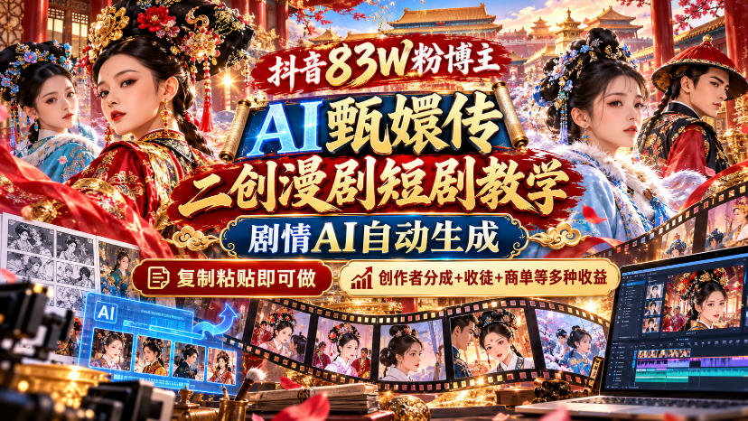 抖音83W粉博主AI甄嬛传二创漫剧短剧教学｜剧情AI自动生成，复制粘贴即可做，各大平台创作者分成+收徒等多种收益-朽念云创