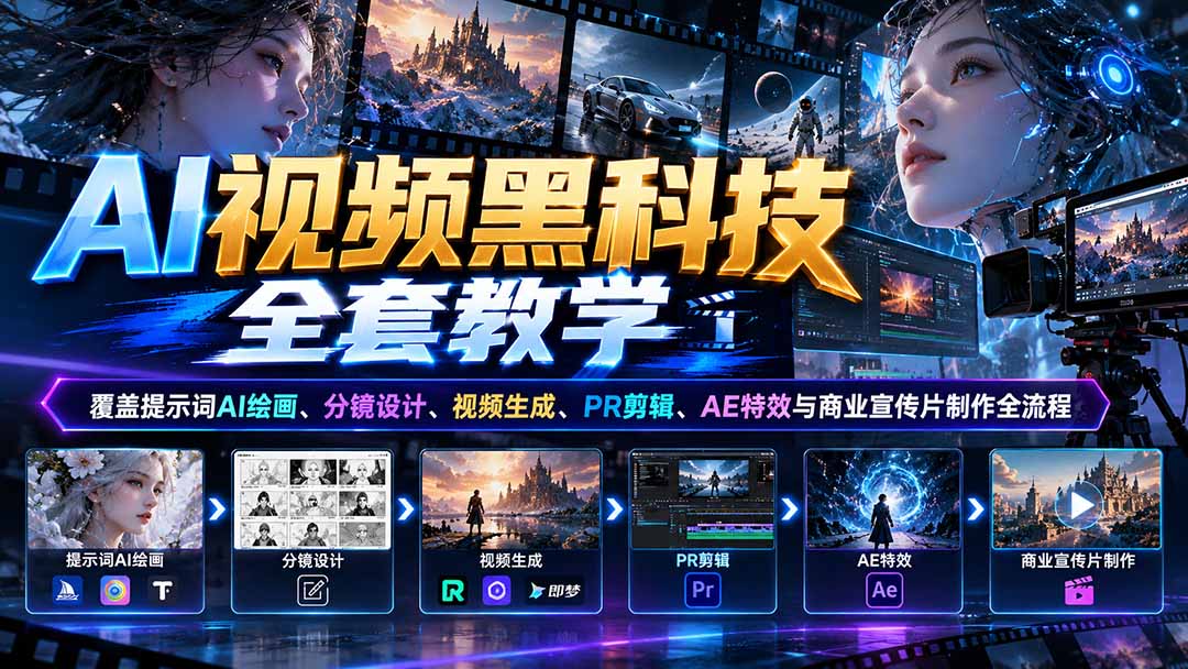AI视频黑科技全套教学：覆盖提示词AI绘画、分镜设计、视频生成、PR剪辑、AE特效与商业宣传片制作全流程-朽念云创