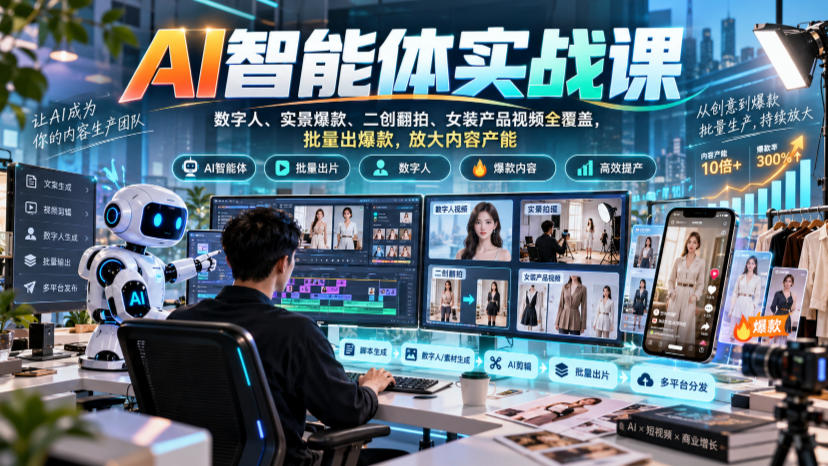 AI智能体实战课,数字人、实景爆款、二创翻拍、女装产品视频全覆盖,批量出爆款,放大内容产能