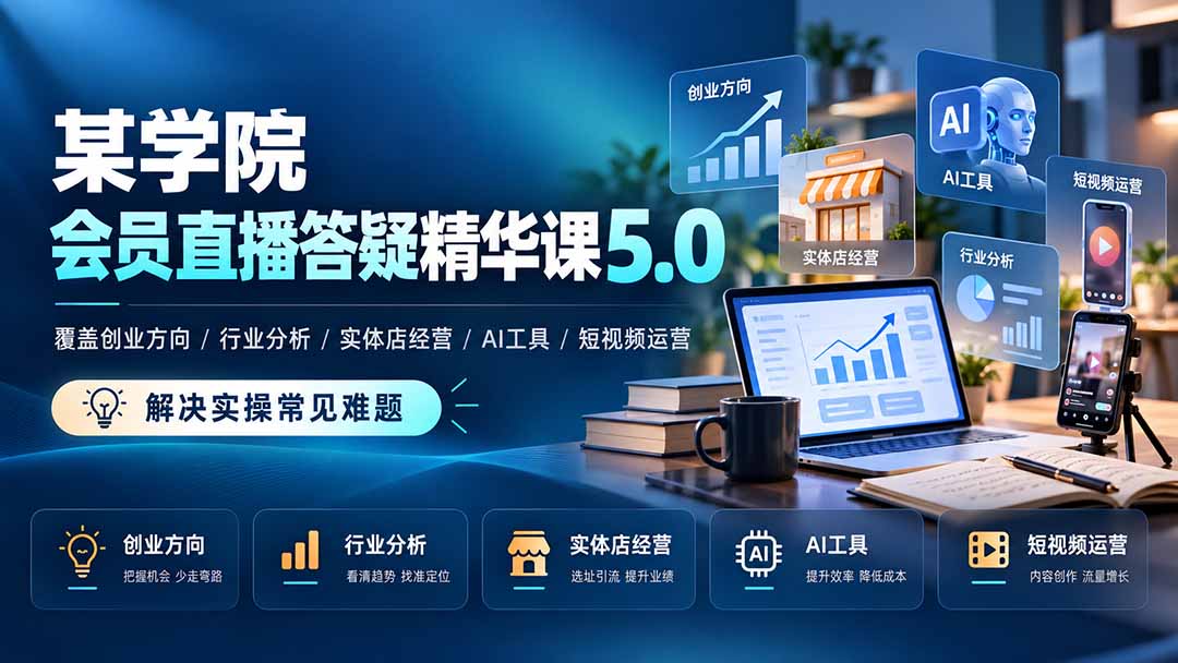 某学院会员直播答疑精华课5.0：覆盖创业方向、行业分析、实体店经营、AI工具和短视频运营，解决实操常见难题！-朽念云创
