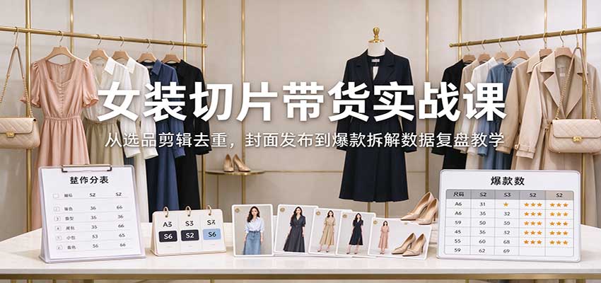女装切片带货实战课：从选品剪辑去重，封面发布到爆款拆解数据复盘教学-朽念云创