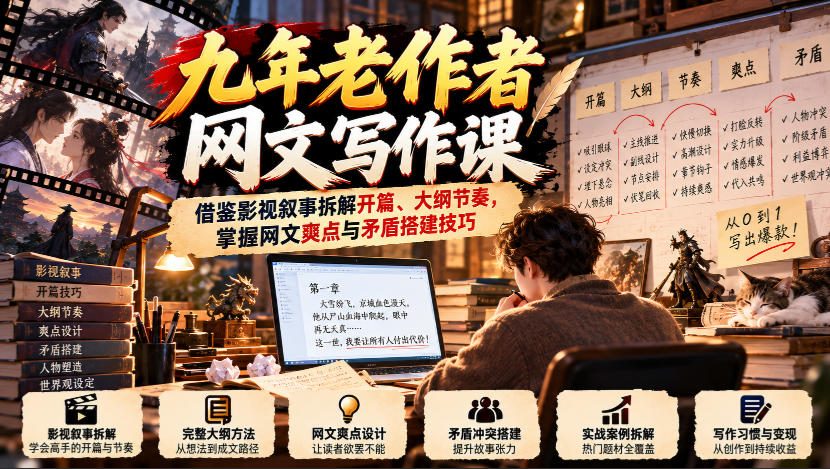 九年老作者网文写作课：借鉴影视叙事拆解开篇、大纲节奏，掌握网文爽点与矛盾搭建技巧-朽念云创