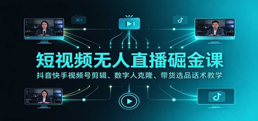 短视频无人直播掘金课：抖音快手视频号剪辑、数字人克隆、带货选品话术教学-朽念云创