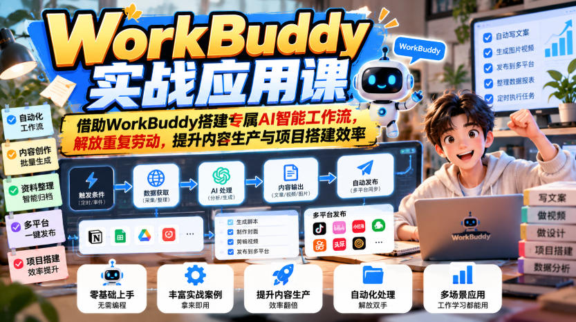 WorkBuddy实战应用课，借助WorkBuddy搭建专属AI智能工作流，解放重复劳动，提升内容生产与项目搭建效率-朽念云创