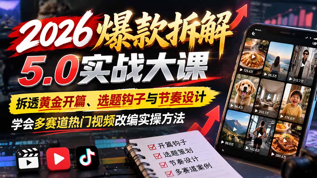 2026爆款拆解5.0实战大课：拆透黄金开篇、选题钩子与节奏设计，学会多赛道热门视频改编实操方法-朽念云创