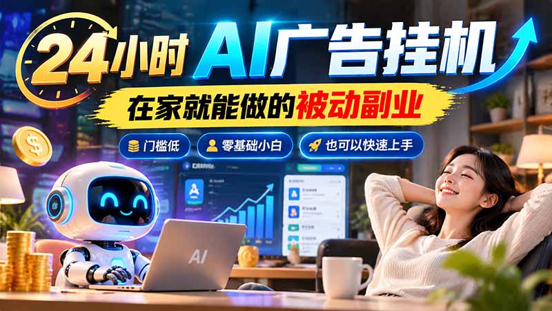 24小时AI广告挂机|在家就能做的被动副业,门槛低,零基础小白也可以快速上手-朽念云创