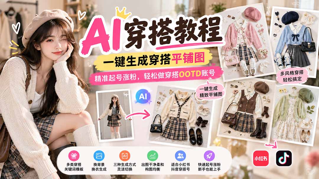 【无水印】AI穿搭教程｜一键生成穿搭平铺图，精准起号涨粉，轻松做穿搭OOTD账号-朽念云创