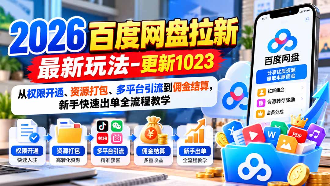 2026百度网盘拉新最新玩法-更新1023：从权限开通、资源打包、多平台引流到佣金结算，新手快速出单全流程教学-朽念云创