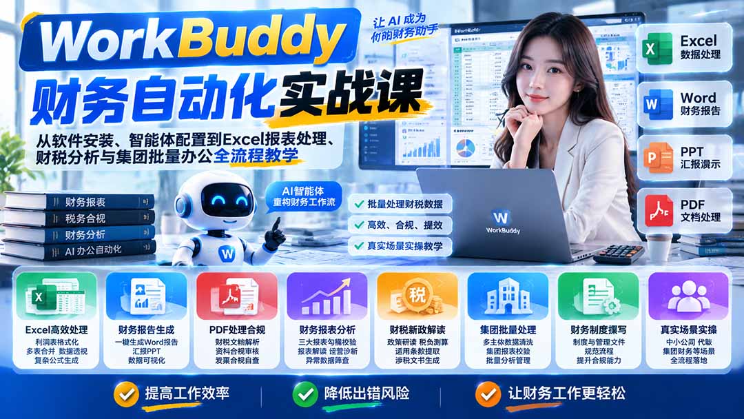 WorkBuddy财务自动化实战课：从软件安装、智能体配置到Excel报表处理、财税分析与集团批量办公全流程教学-朽念云创