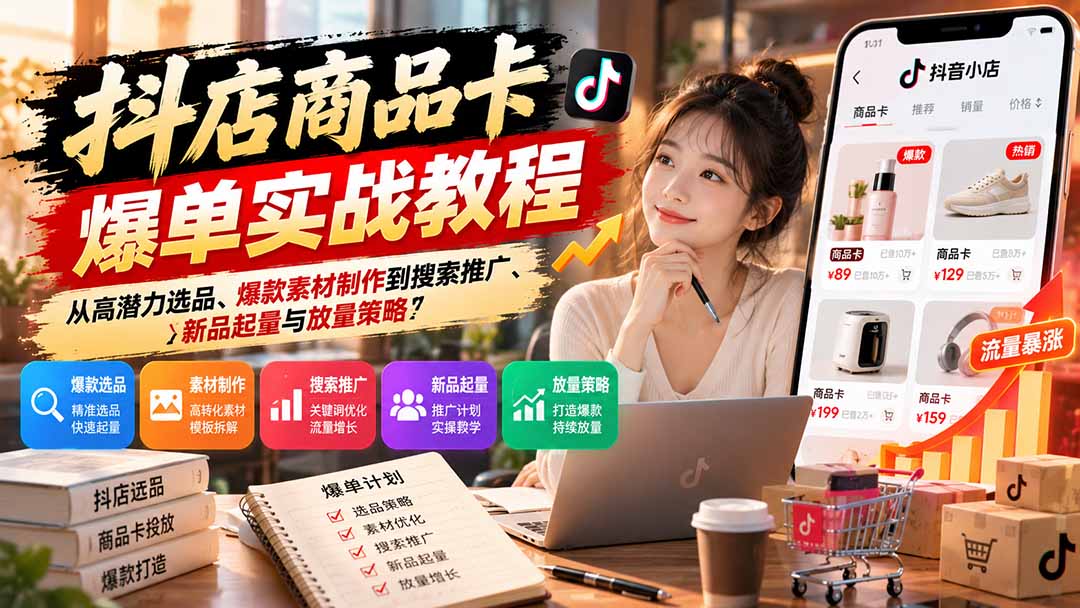 抖店商品卡爆单实战教程：从高潜力选品、爆款素材制作到搜索推广、新品起量与放量策略-朽念云创
