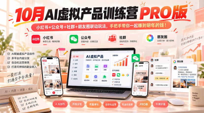 10月AI虚拟产品训练营PRO版，小红书+公众号+社群+朋友圈联动玩法，手把手带你一起赚到明年的钱！(更新1024)-朽念云创