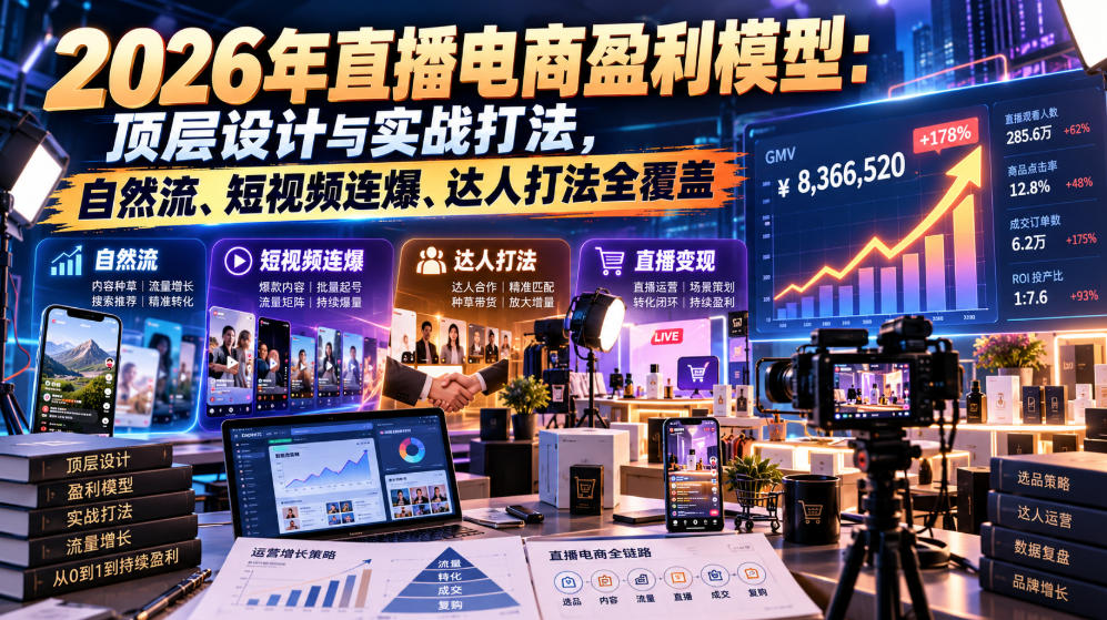 2026年直播电商盈利模型：顶层设计与实战打法，自然流、短视频连爆、达人打法全覆盖-朽念云创