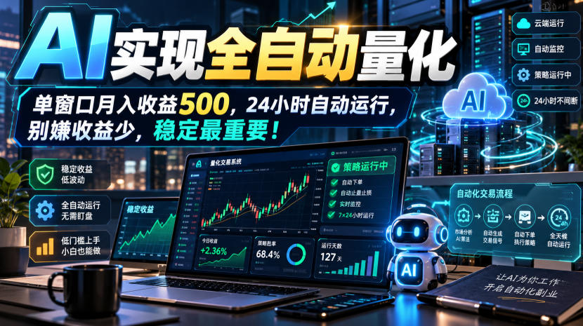 AI实现全自动量化，单窗口月入收益500，24小时自动运行，别嫌收益少，稳定最重要！【揭秘】-朽念云创