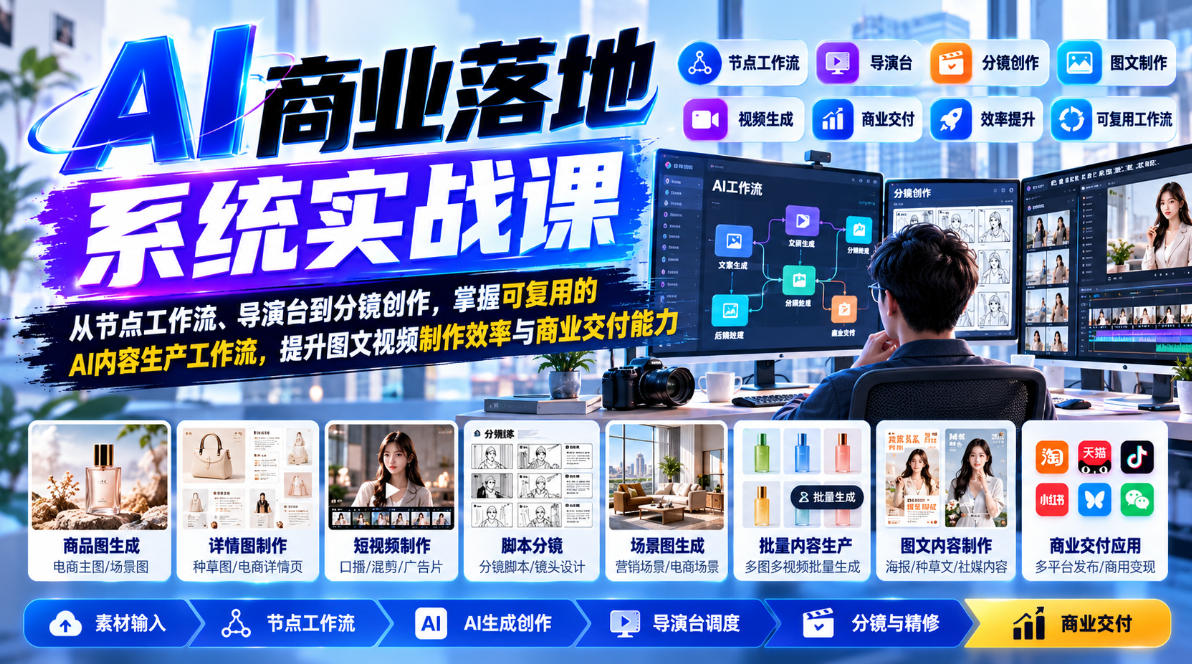 【无水印】AI商业落地系统实战课，从节点工作流、导演台到分镜创作，掌握可复用的AI内容生产工作流，提升图文视频制作效率与商业交付能力-朽念云创
