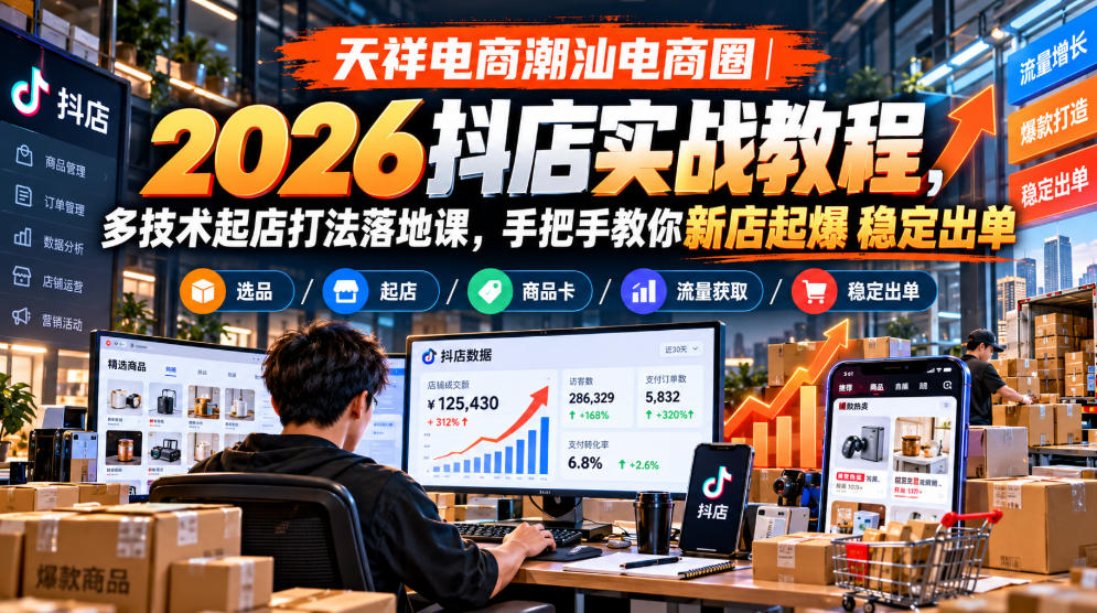 天祥电商潮汕电商圈｜2026抖店实战教程，多技术起店打法落地课，手把手教你新店起爆稳定出单-朽念云创