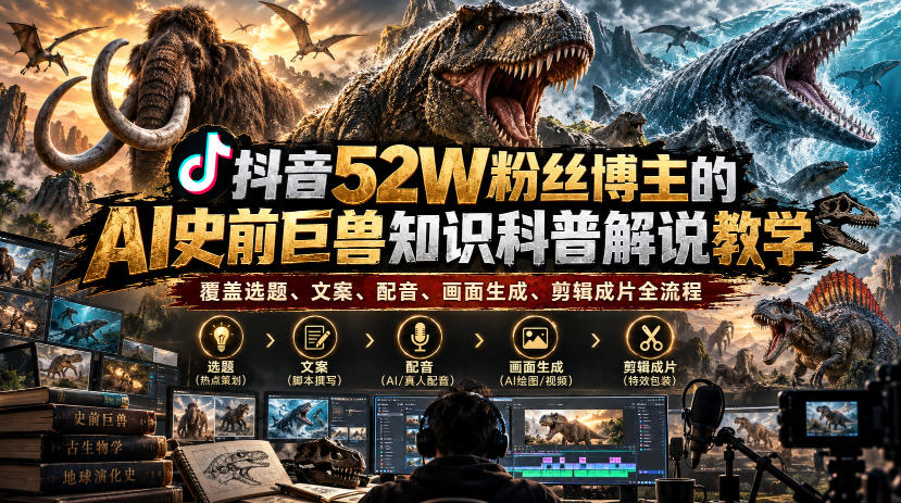 抖音52W粉丝博主的AI史前巨兽知识科普解说教学,覆盖选题、文案、配音、画面生成、剪辑成片全流程-朽念云创