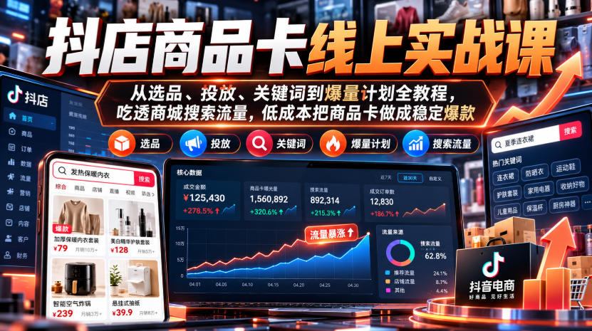 抖店商品卡线上实战课｜从选品、投放、关键词到爆量计划全教程，吃透商城搜索流量，低成本把商品卡做成稳定爆款-朽念云创