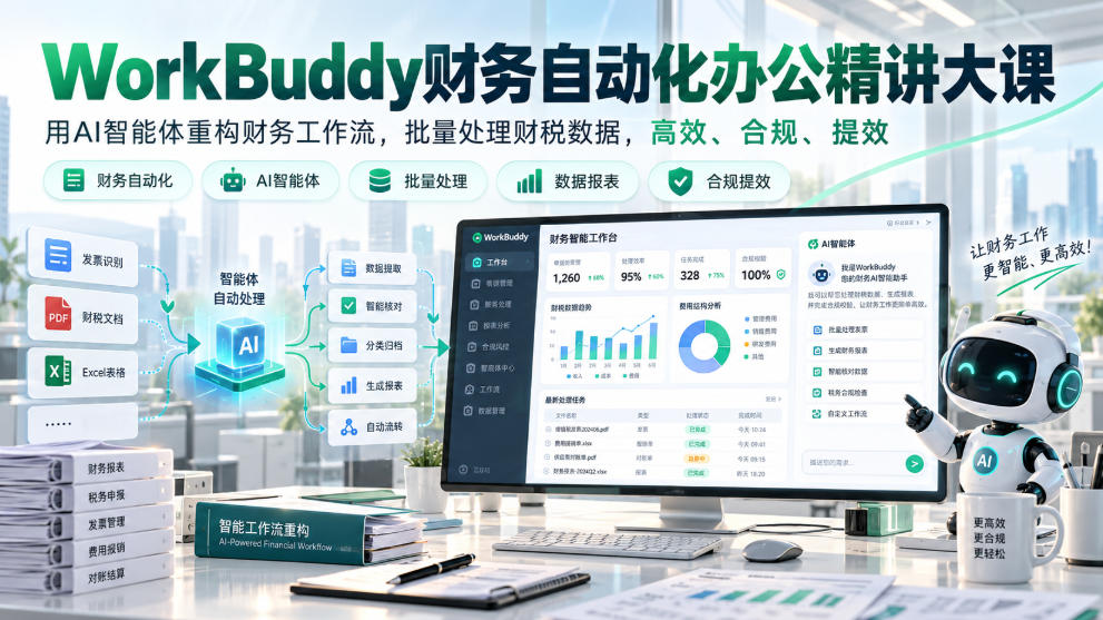 WorkBuddy财务自动化办公精讲大课,用AI智能体重构财务工作流,批量处理财税数据,高效、合规、提效-朽念云创