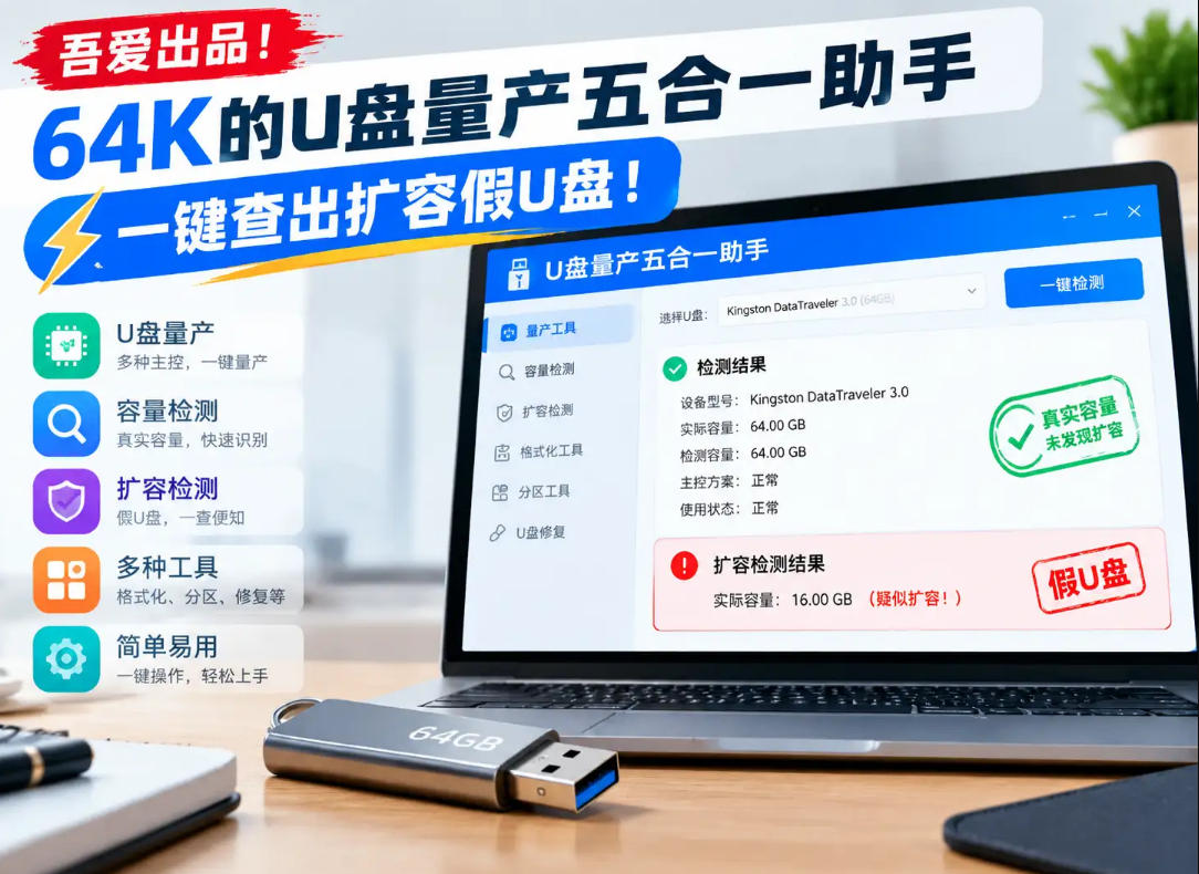 吾爱出品!64K的U盘量产五合一助手,一键查出扩容假U盘!-朽念云创