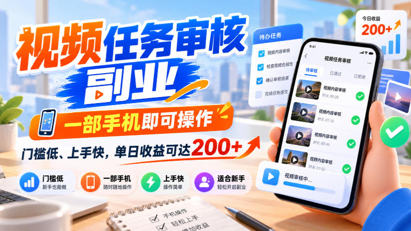 视频任务审核副业,一部手机即可操作,门槛低、上手快,单日收益可达200+【揭秘】-朽念云创