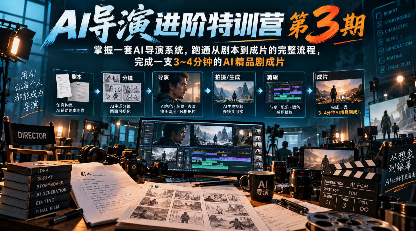 AI导演进阶特训营第3期，掌握一套AI导演系统，跑通从剧本到成片的完整流程，完成一支3~4分钟的AI精品剧成片(附1、2期)-朽念云创