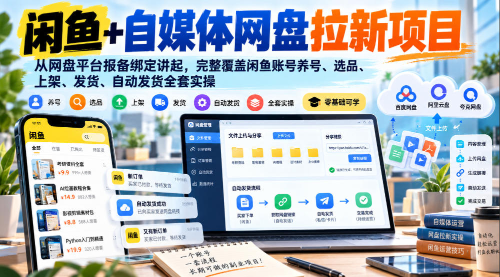 闲鱼+自媒体网盘拉新项目,从网盘平台报备绑定讲起,完整覆盖闲鱼账号养号、选品、上架、发货、自动发货全套实操-朽念云创