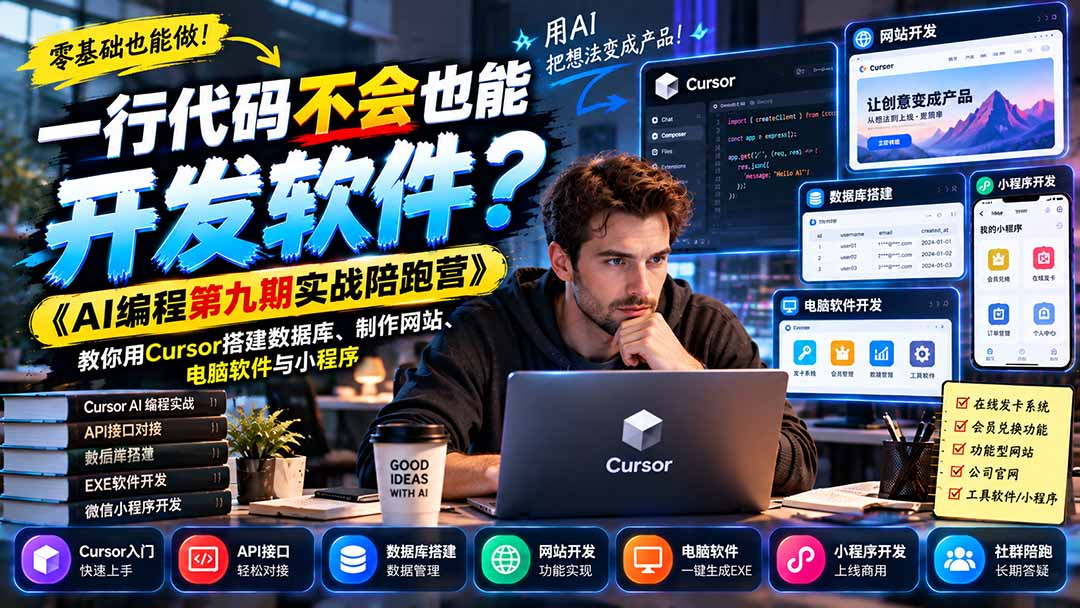 一行代码不会也能开发软件？《AI编程第九期实战陪跑营》教你用Cursor搭建数据库、制作网站、电脑软件与小程序-朽念云创