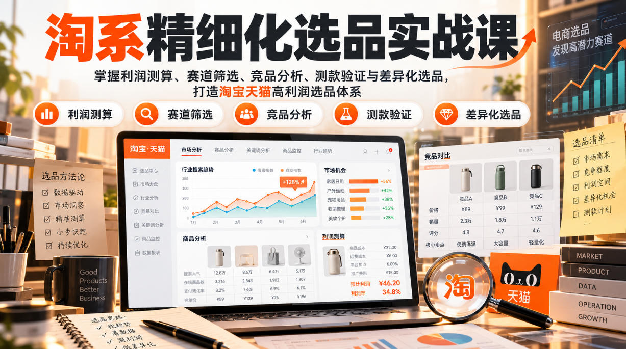 货架电商精细化选品实战课：掌握利润测算、赛道筛选、竞品分析、测款验证与差异化选品，打造淘宝天猫高利润选品体系-朽念云创
