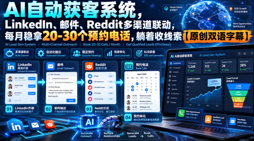 【无水印】AI自动获客系统,LinkedIn、邮件、Reddit多渠道联动,每月稳拿20-30个预约电话,躺着收线索【原创双语字幕】-朽念云创