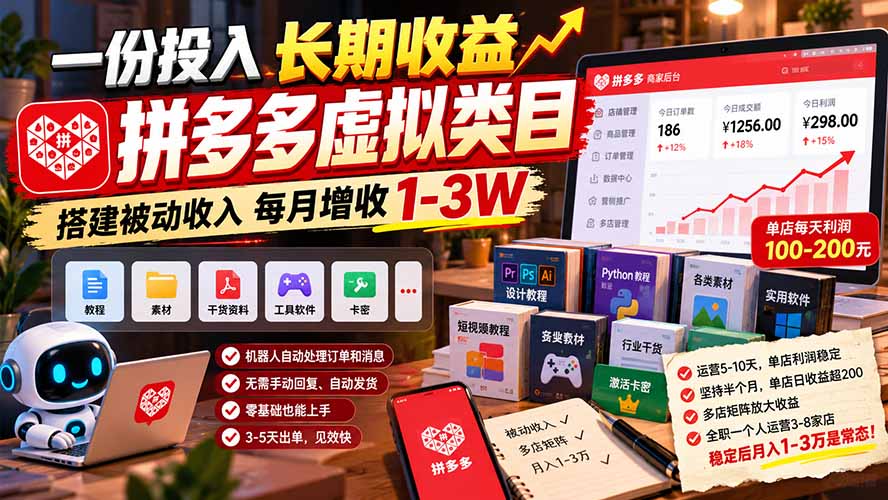 一份投入长期收益，拼多多虚拟类目，搭建被动收入每月增收 1-3W-朽念云创