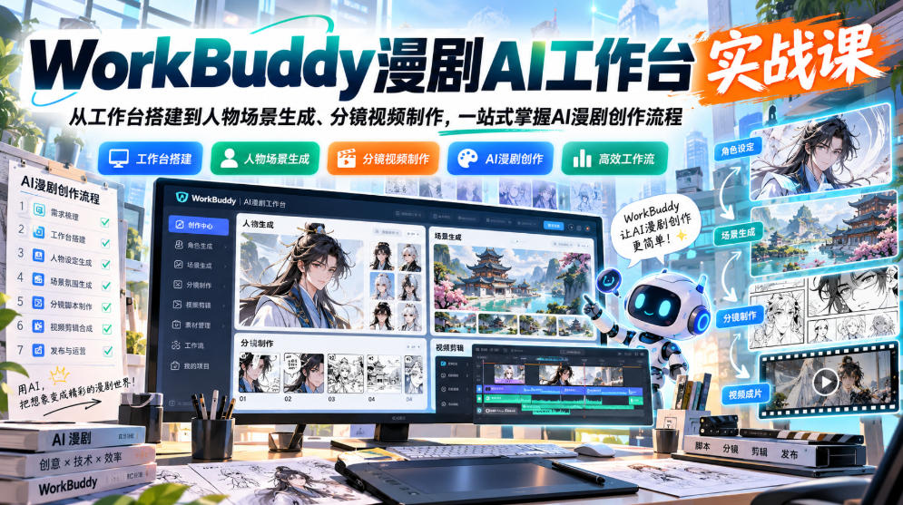 WorkBuddy漫剧AI工作台实战课：从工作台搭建到人物场景生成、分镜视频制作，一站式掌握AI漫剧创作流程-朽念云创