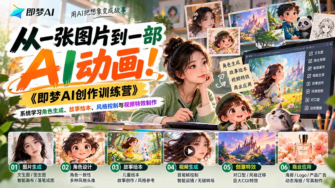 【无水印】从一张图片到一部AI动画！《即梦AI创作训练营》系统学习角色生成、故事绘本、风格控制与视频特效制作-朽念云创